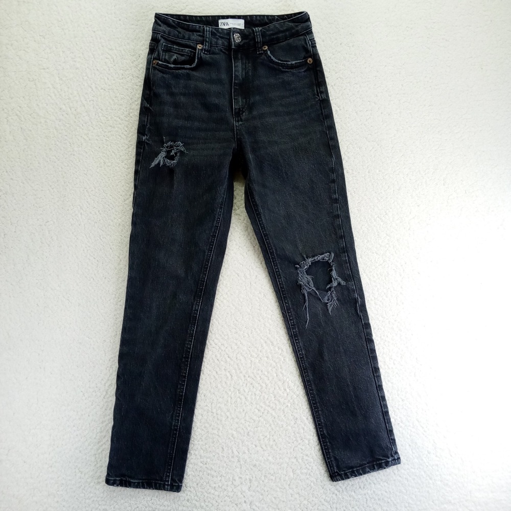 Zara Womens High Rise Mom Jeans Distressed Ripped Black Size 4 EUR 36 MEX 26‎